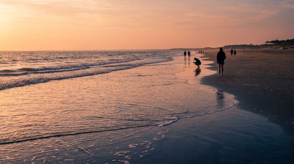 Personnes se promenant sur la plage de Saint-Jean-de-Monts au coucher du soleil avec des reflets dans le sable humide.