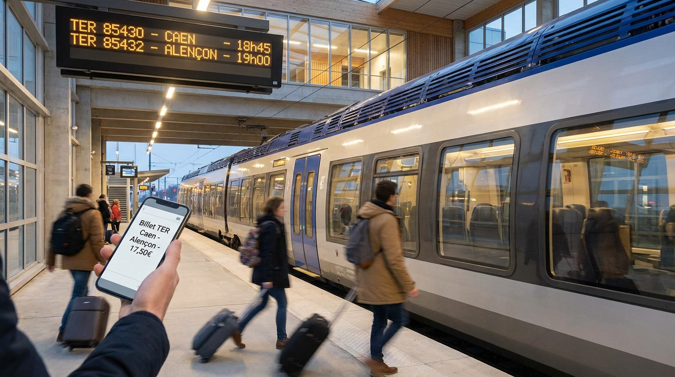 Vue d'un quai de gare avec un train TER. Un écran affiche les départs pour Caen et Alençon, et un téléphone montre un billet numérique.