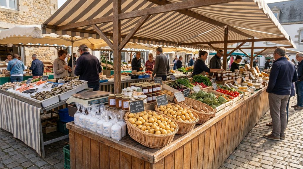 Étals de marché en plein air avec des pommes de terre, des produits frais et des fruits de mer à Noirmoutier.