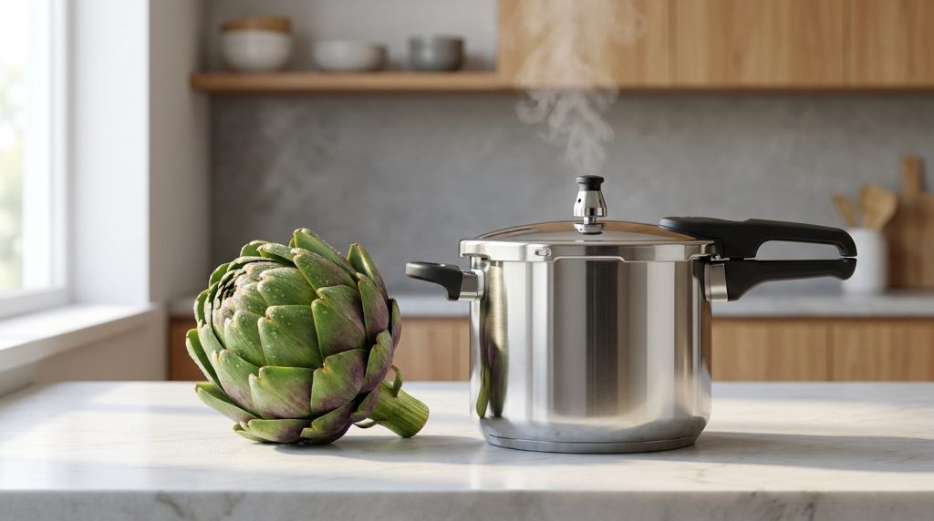 Un artichaut frais posé à côté d'une cocotte-minute fumante sur un plan de travail dans une cuisine moderne.