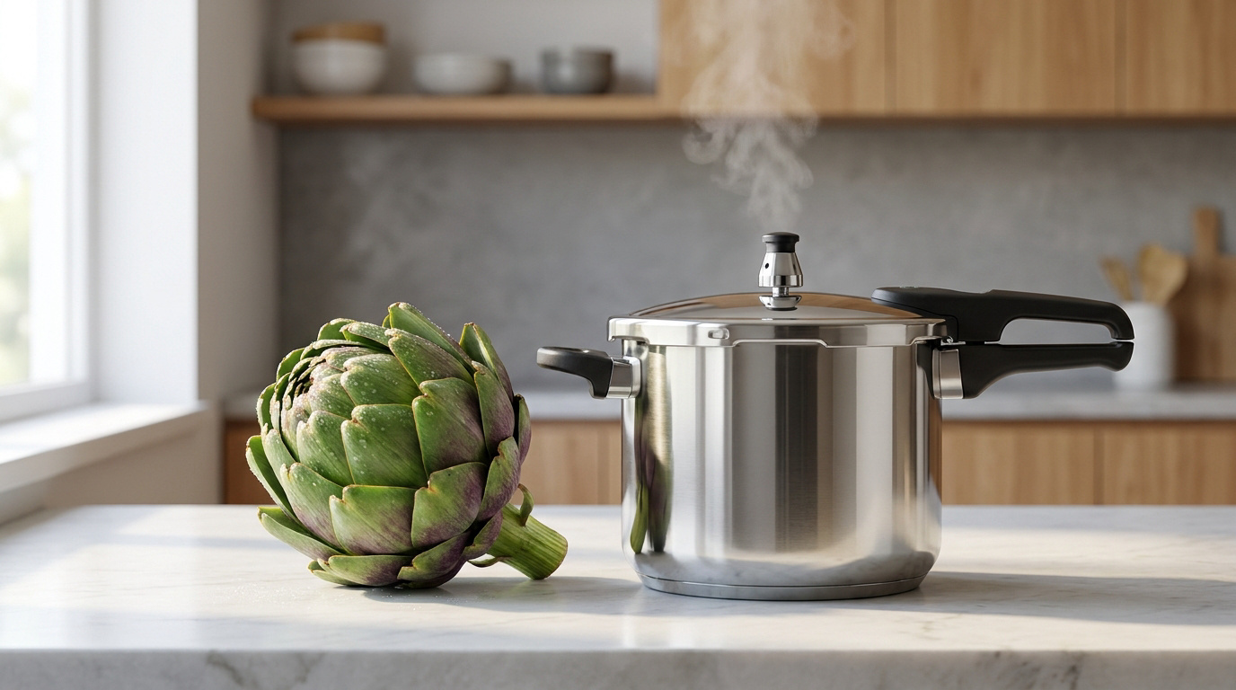 Un artichaut frais posé à côté d'une cocotte-minute fumante sur un plan de travail dans une cuisine moderne.