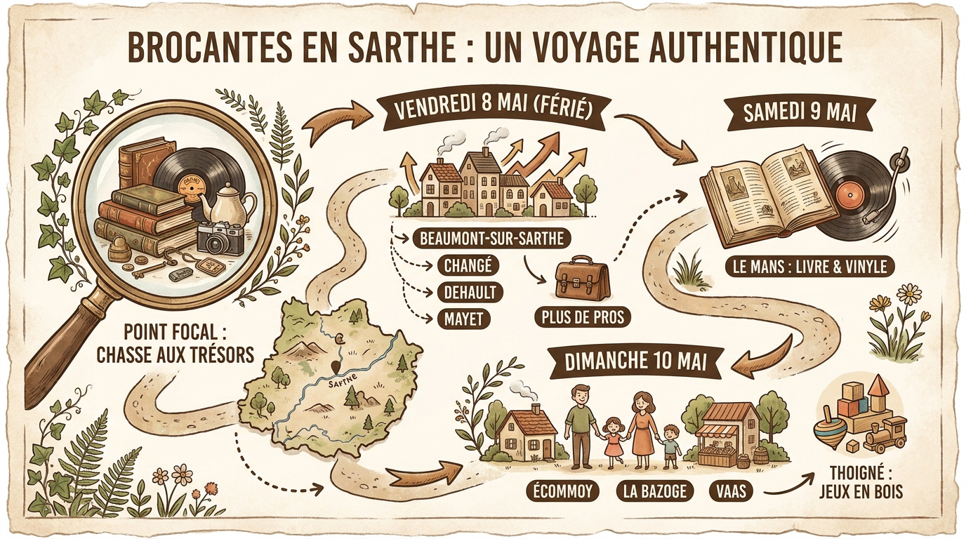 Objets anciens sur une brocante en Sarthe