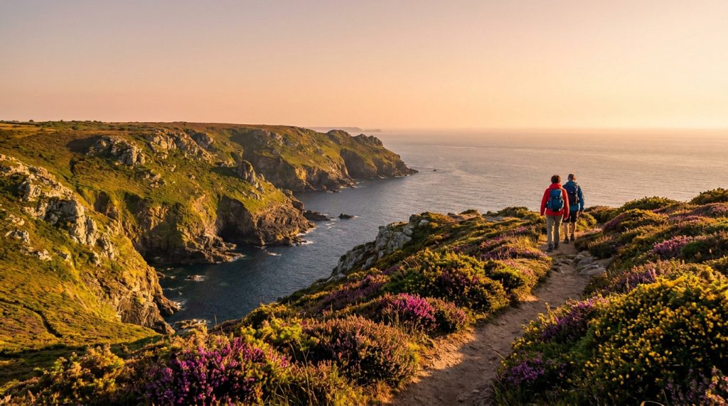 Deux randonneurs marchent sur un sentier côtier fleuri au Cap de la Chèvre, avec vue sur les falaises et la mer au coucher du soleil.