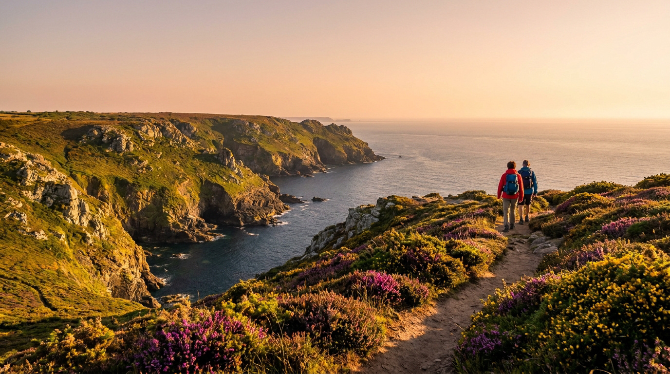 Deux randonneurs marchent sur un sentier côtier fleuri au Cap de la Chèvre, avec vue sur les falaises et la mer au coucher du soleil.