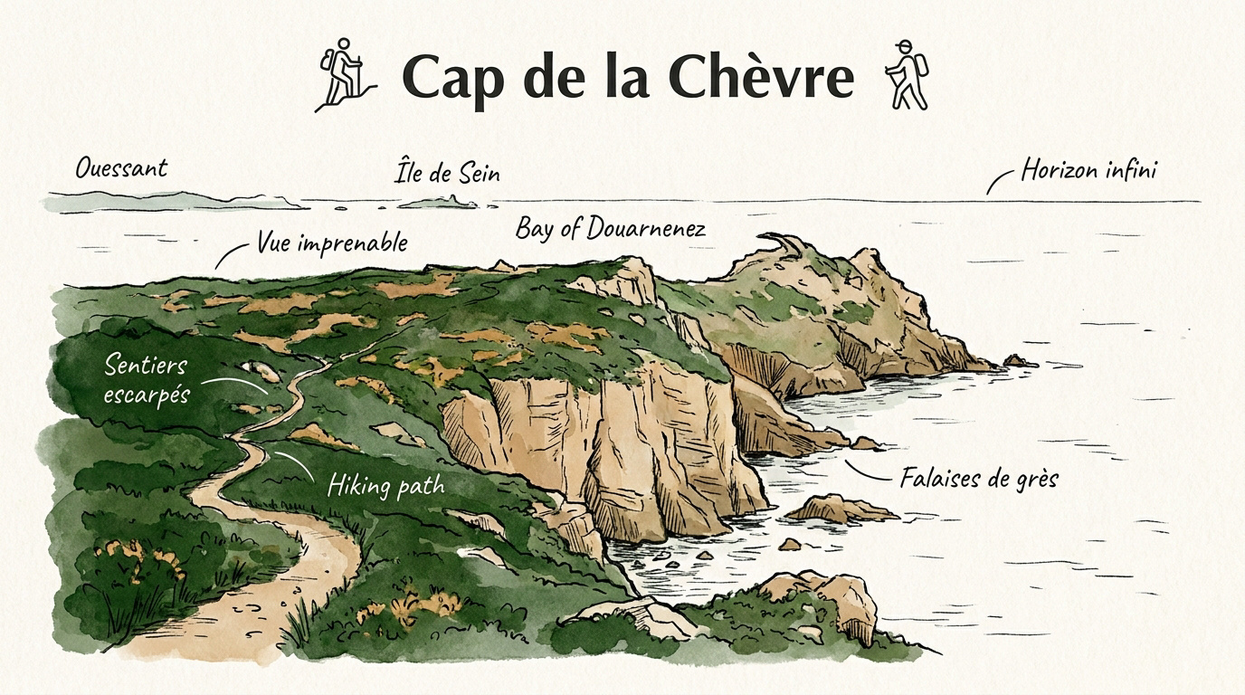 Vue panoramique des falaises et sentiers de randonnée du Cap de la Chèvre en Bretagne