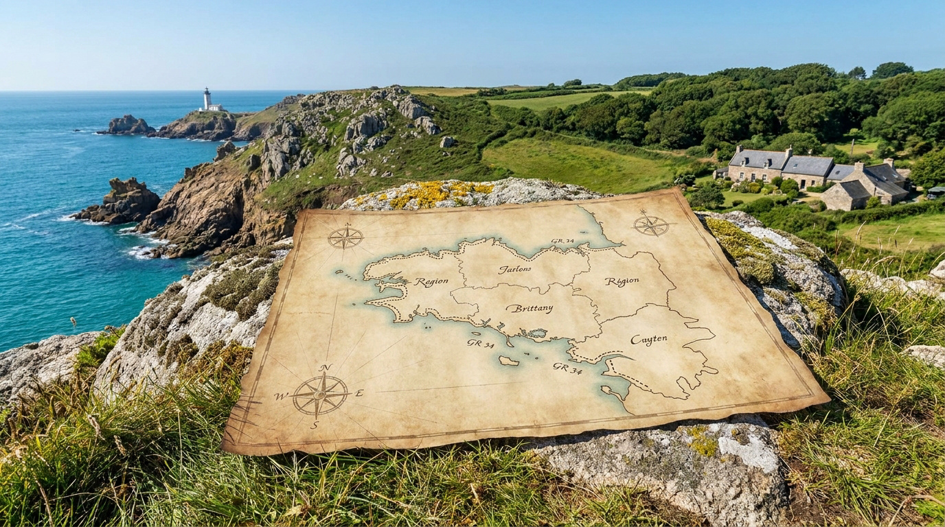 Carte ancienne de la Bretagne posée sur une falaise, avec mer turquoise, phare, rochers et maisons traditionnelles.
