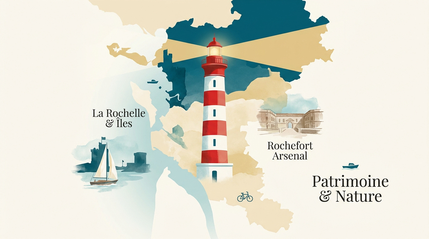 Carte stylisée de la Charente-Maritime présentant La Rochelle et Rochefort