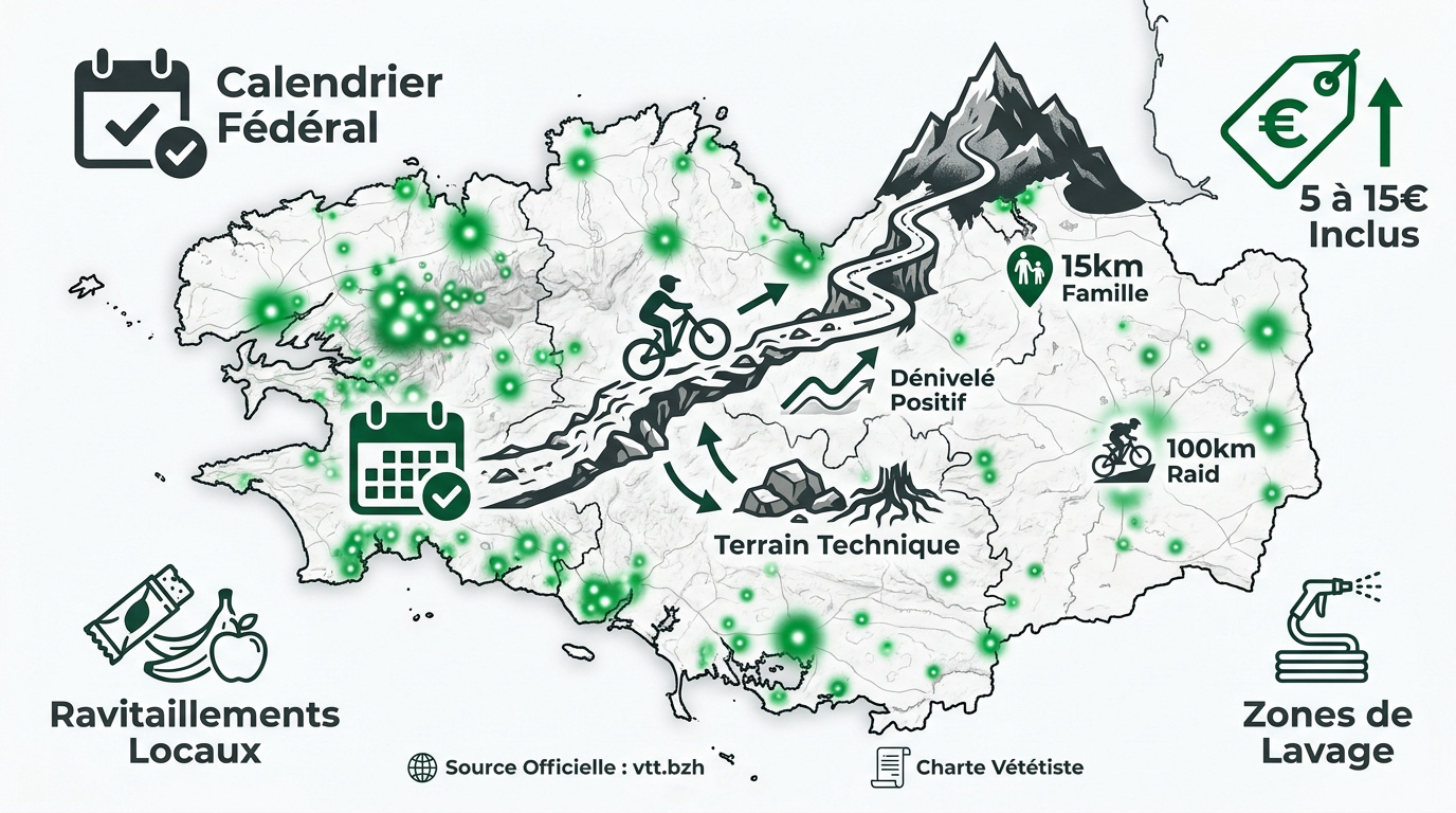 Carte des sentiers et calendrier des randonnées VTT en Bretagne