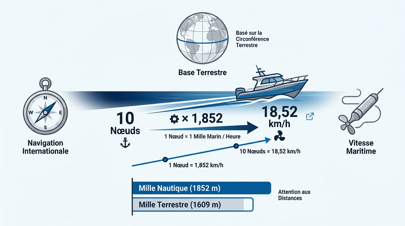 Tableau de conversion des nœuds marins en kilomètres par heure pour la navigation