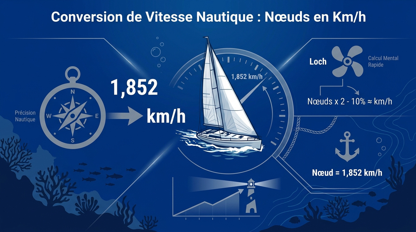 Tableau de conversion des vitesses nautiques entre nœuds et kilomètres par heure