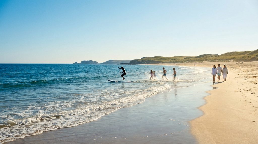 Personnes profitant d'une plage ensoleillée de la côte atlantique. Un paddleboarder et des enfants jouent dans l'eau, des adultes marchent.