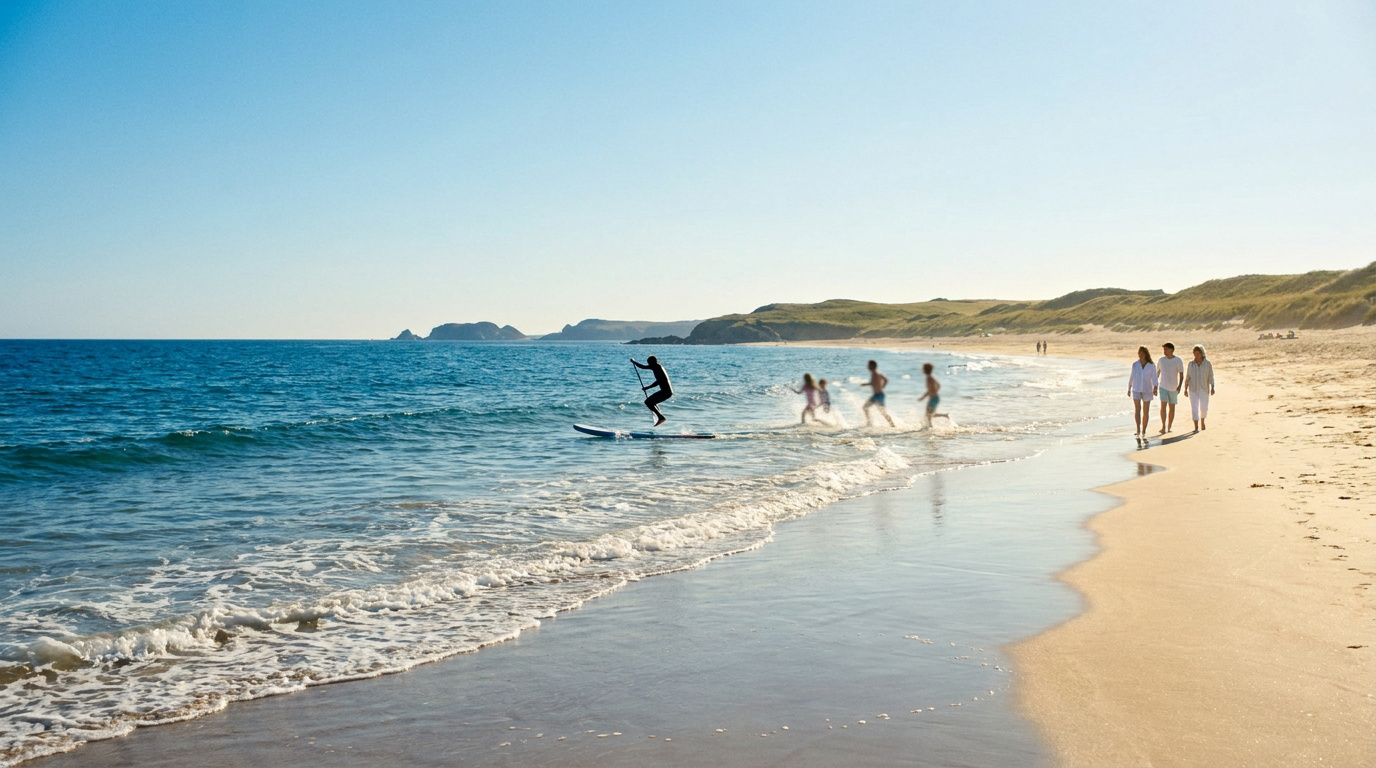Personnes profitant d'une plage ensoleillée de la côte atlantique. Un paddleboarder et des enfants jouent dans l'eau, des adultes marchent.