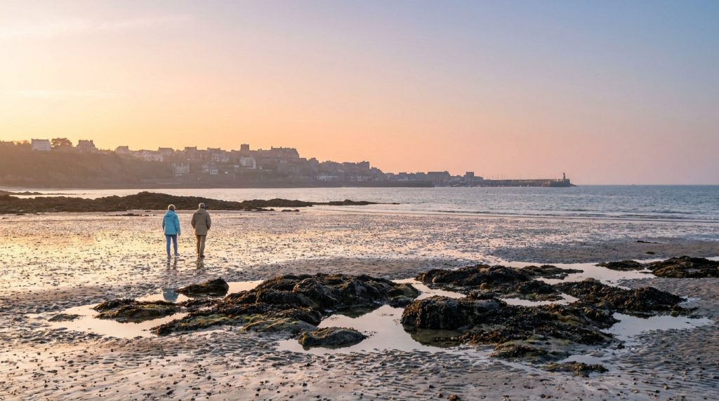 Deux personnes marchent sur une plage de Granville à marée basse, avec des rochers et une ville côtière au loin sous un ciel pastel.
