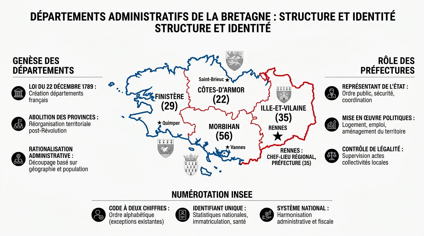 Carte administrative des quatre départements de la région Bretagne