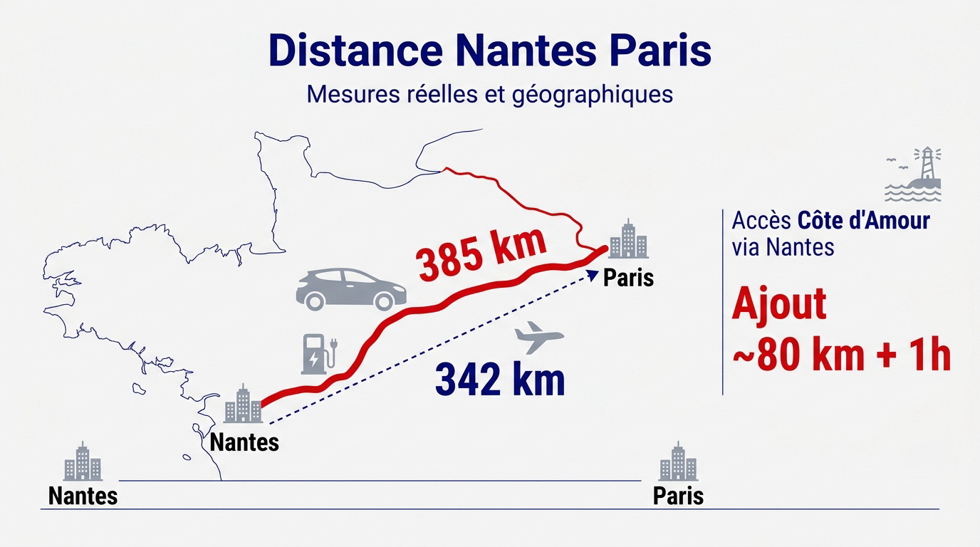 Comparaison entre la distance routière A11 et le vol d'oiseau entre Nantes et Paris