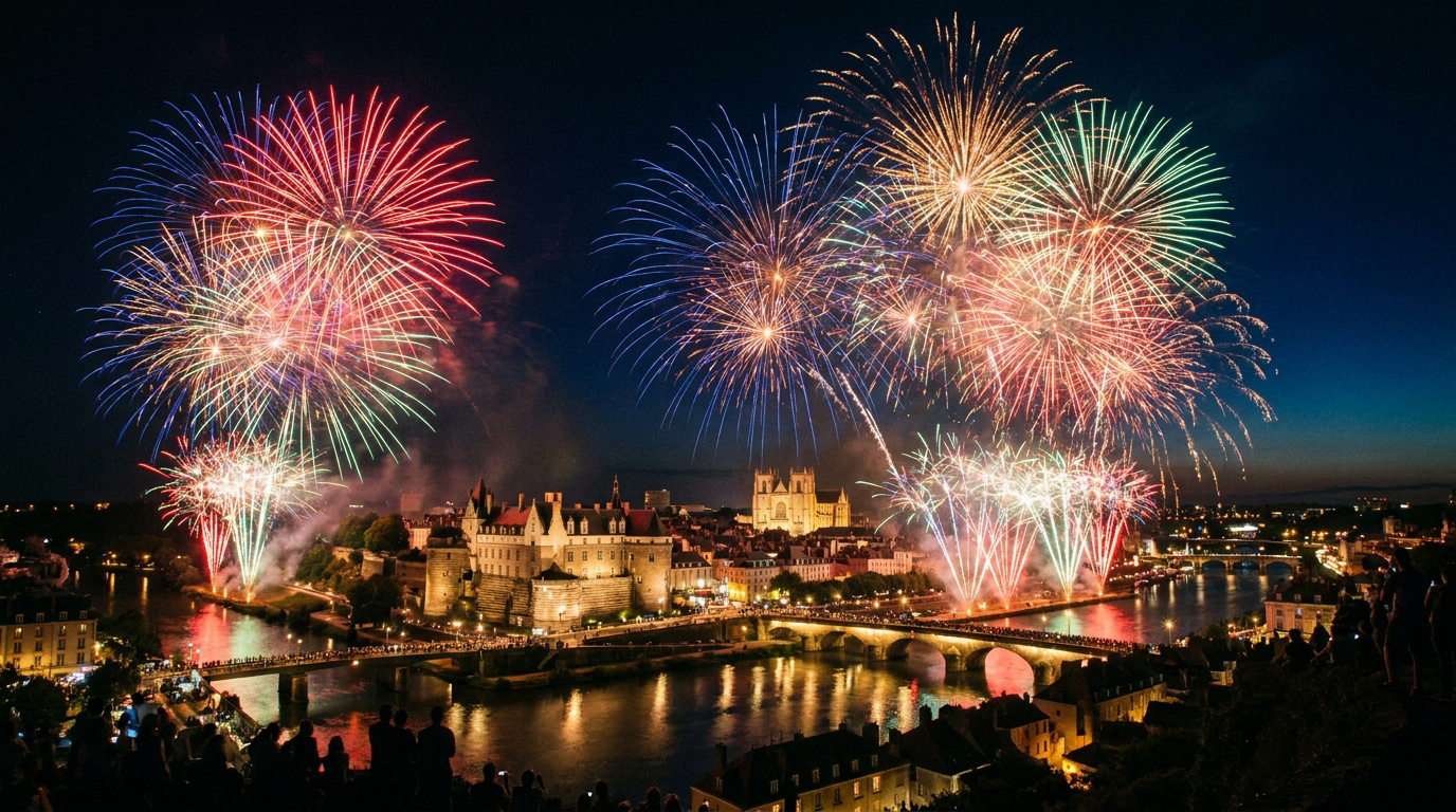 Feux d'artifice colorés illuminant le ciel au-dessus d'un château et d'un pont près d'une rivière en Loire-Atlantique.