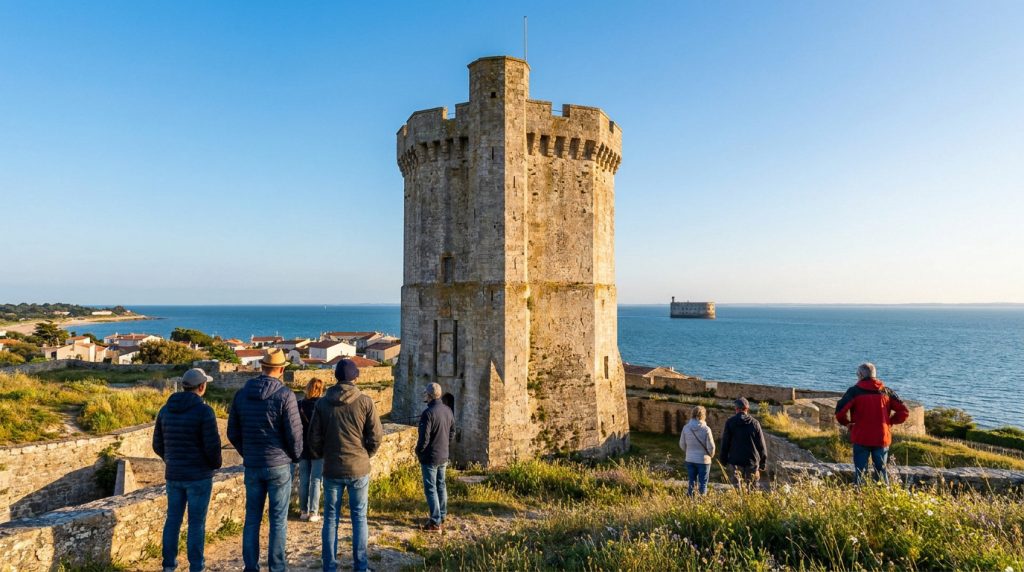 Vue du donjon de Fouras avec des visiteurs. L'océan, un fort en mer et la côte avec des maisons sont visibles sous un ciel clair.