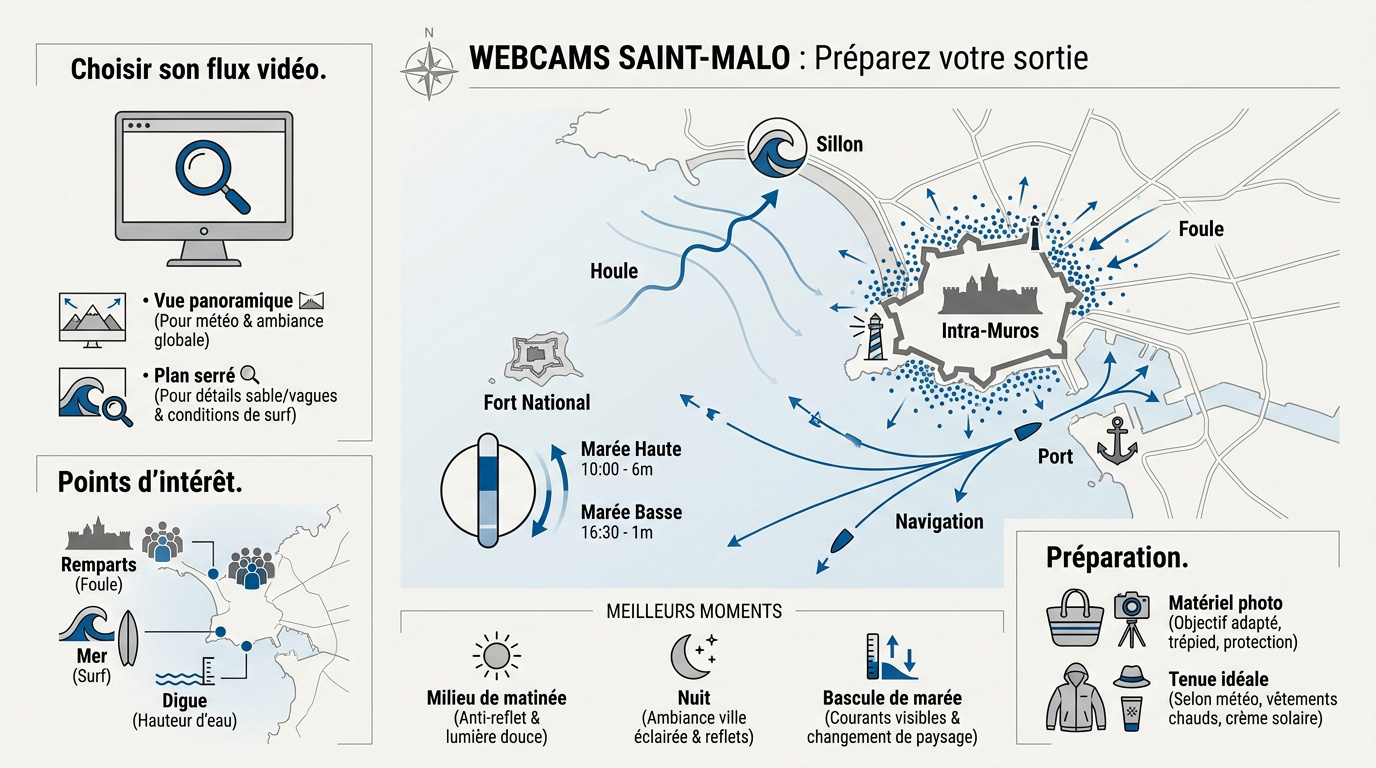 Vue panoramique d'une webcam sur le port et les remparts de Saint-Malo à marée haute