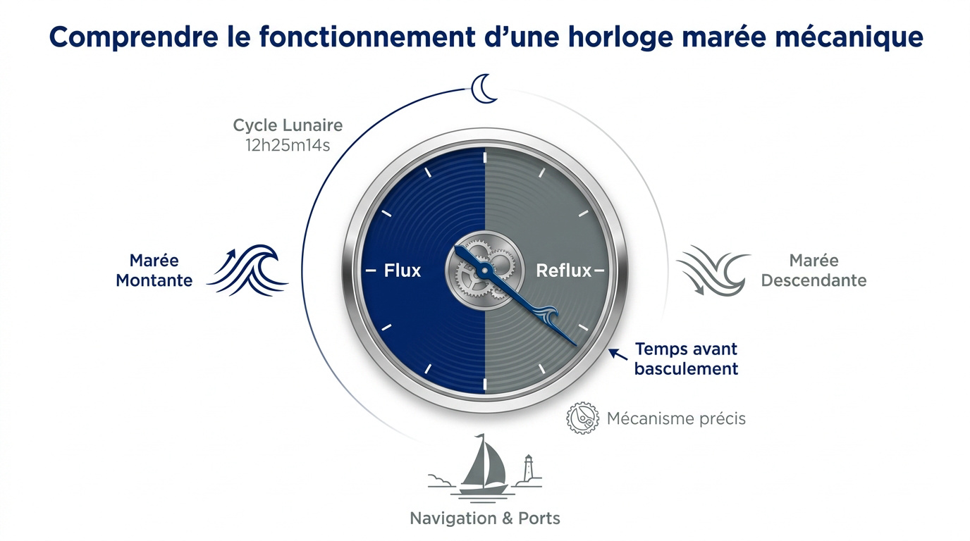 Cadran d'une horloge des marées indiquant les phases de flux et de reflux