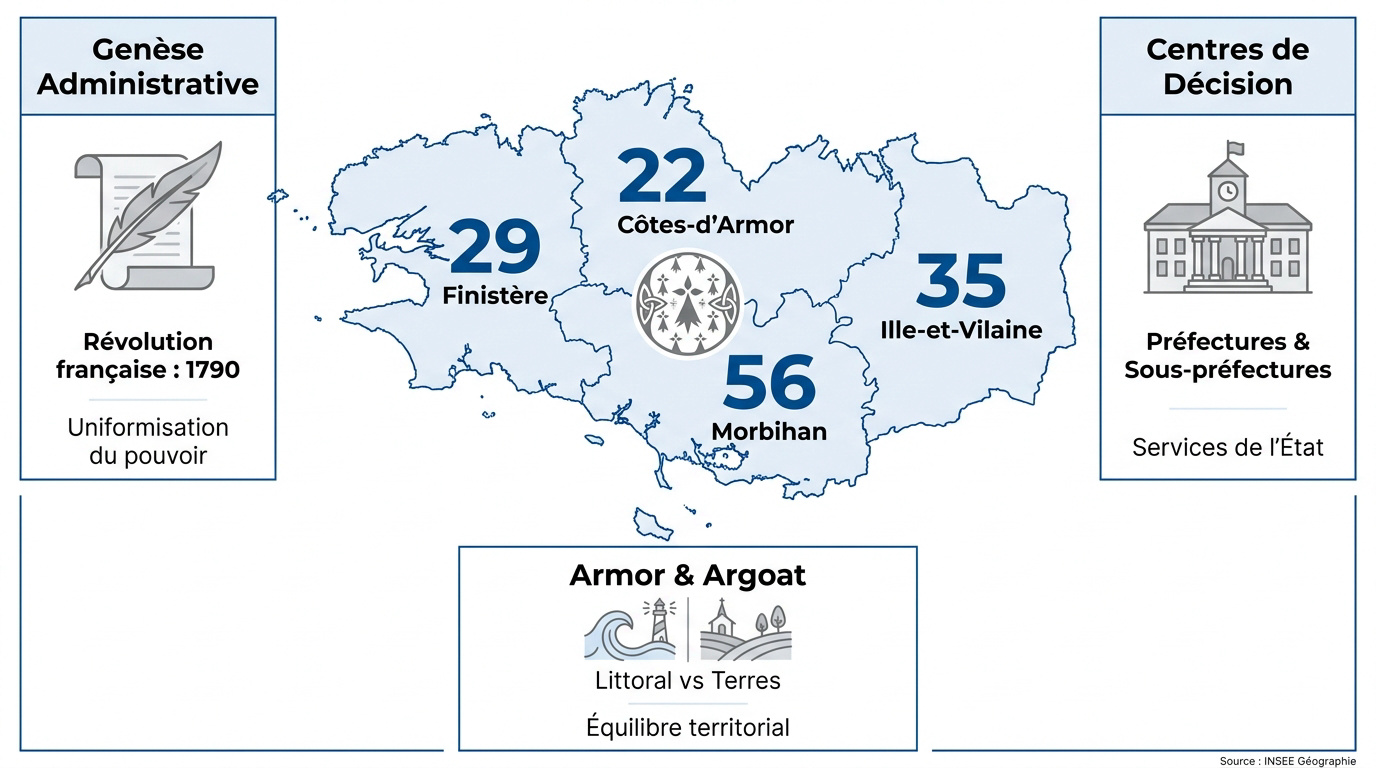 Infographie présentant les quatre départements de la région Bretagne avec leurs préfectures respectives