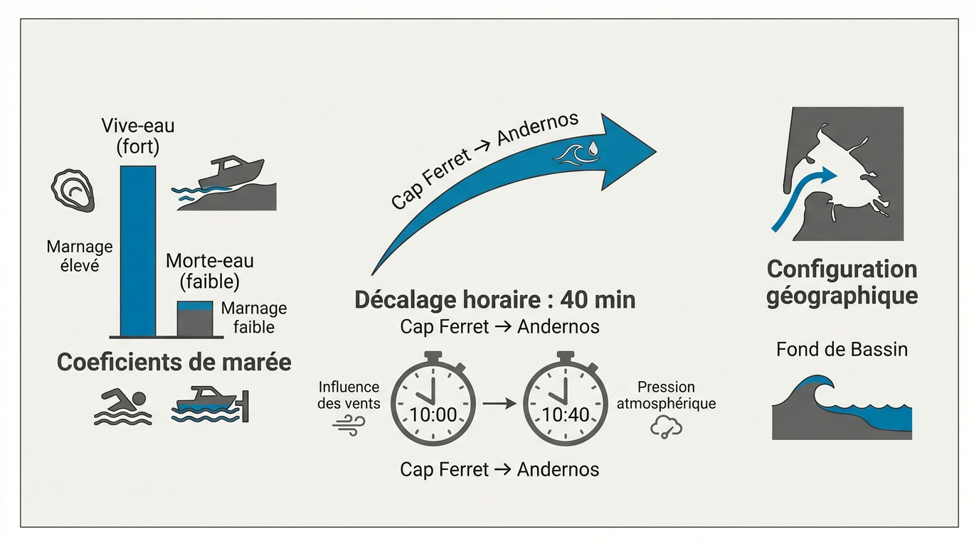 Infographie expliquant le fonctionnement des marées dans le Bassin d'Arcachon