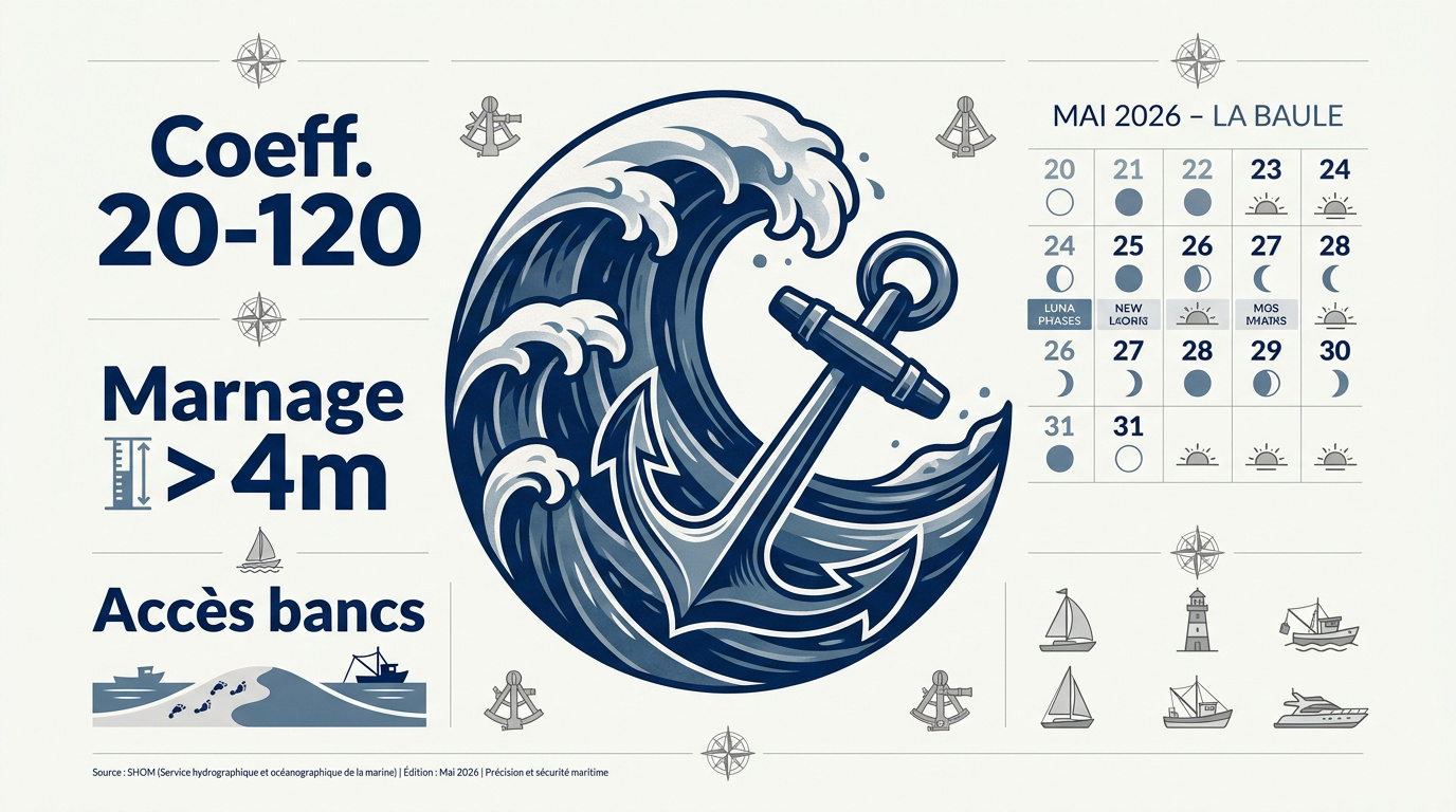 Infographie des horaires et coefficients de marées à La Baule pour mai 2026