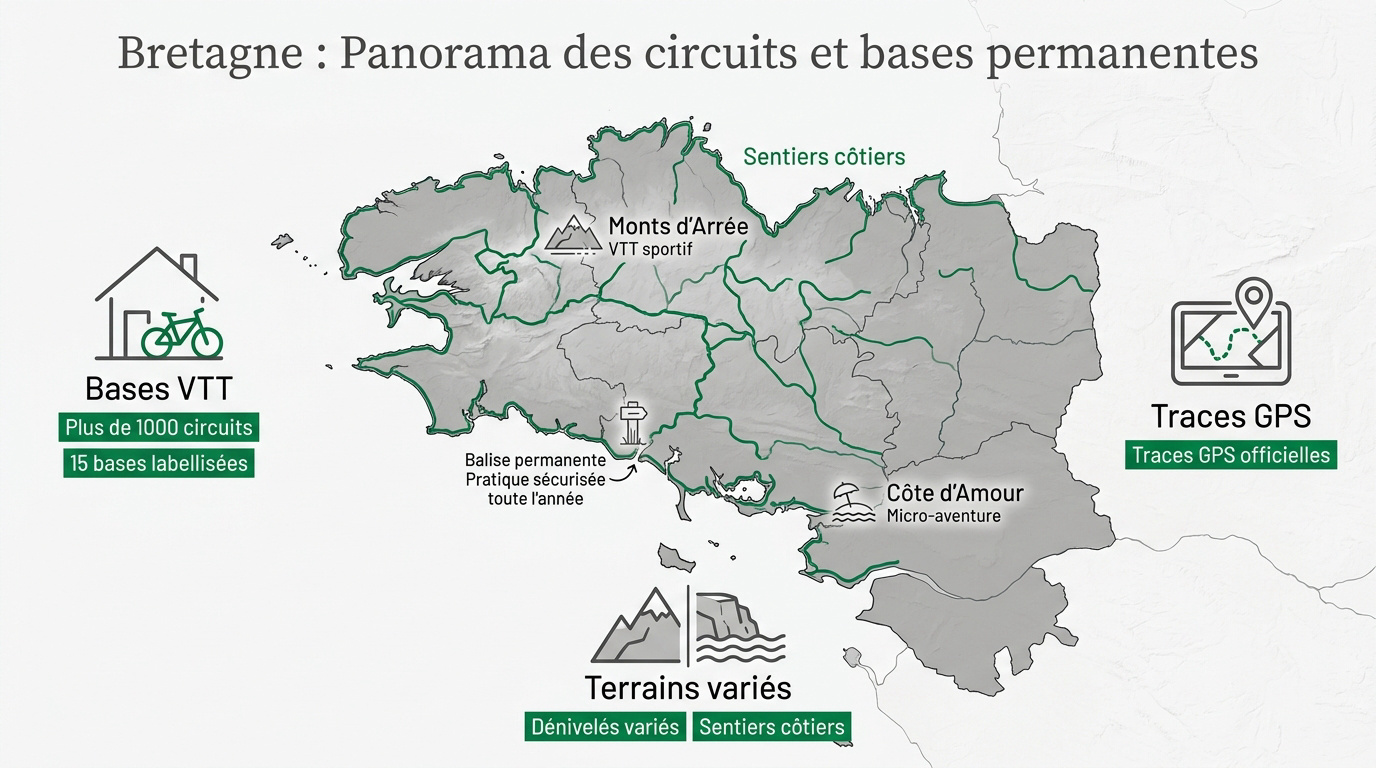 Infographie présentant les circuits et bases VTT en Bretagne