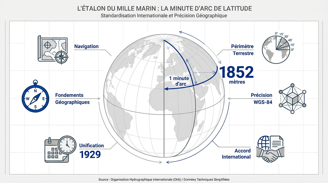 Schéma explicatif de la minute d'arc de latitude définissant le mille marin