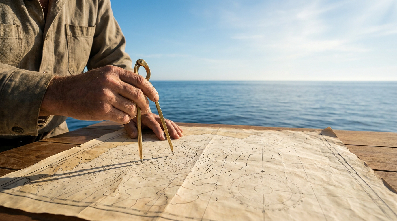 Un marin utilise un compas sur une carte marine ancienne posée sur une table face à l'océan.