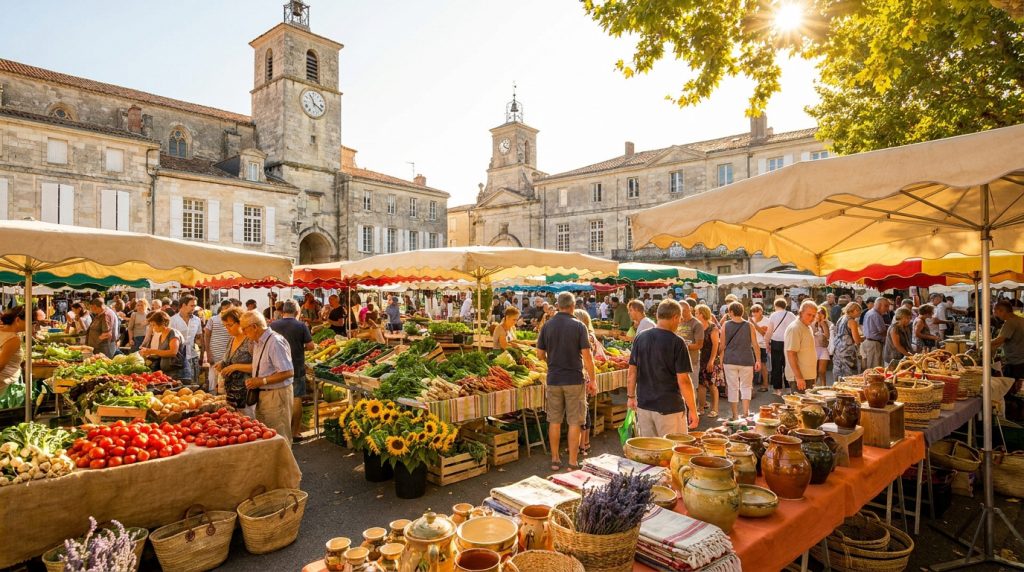 Marché animé en plein air à Saintes. Étals de fruits, légumes, poteries, lavande, foule. Bâtiments anciens, soleil.