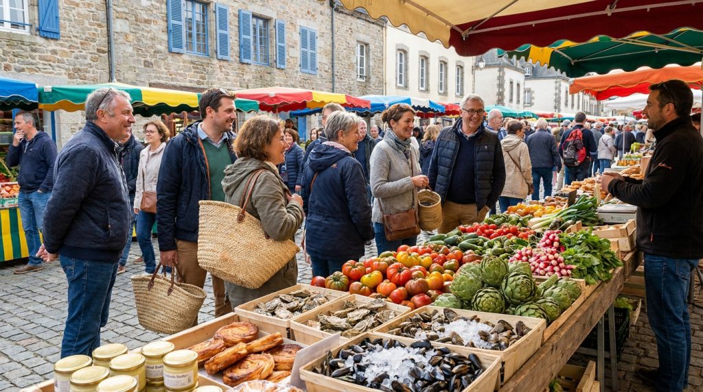 Scène animée du marché de Concarneau : clients, étals de légumes frais, fruits de mer (huîtres, moules) et produits locaux.
