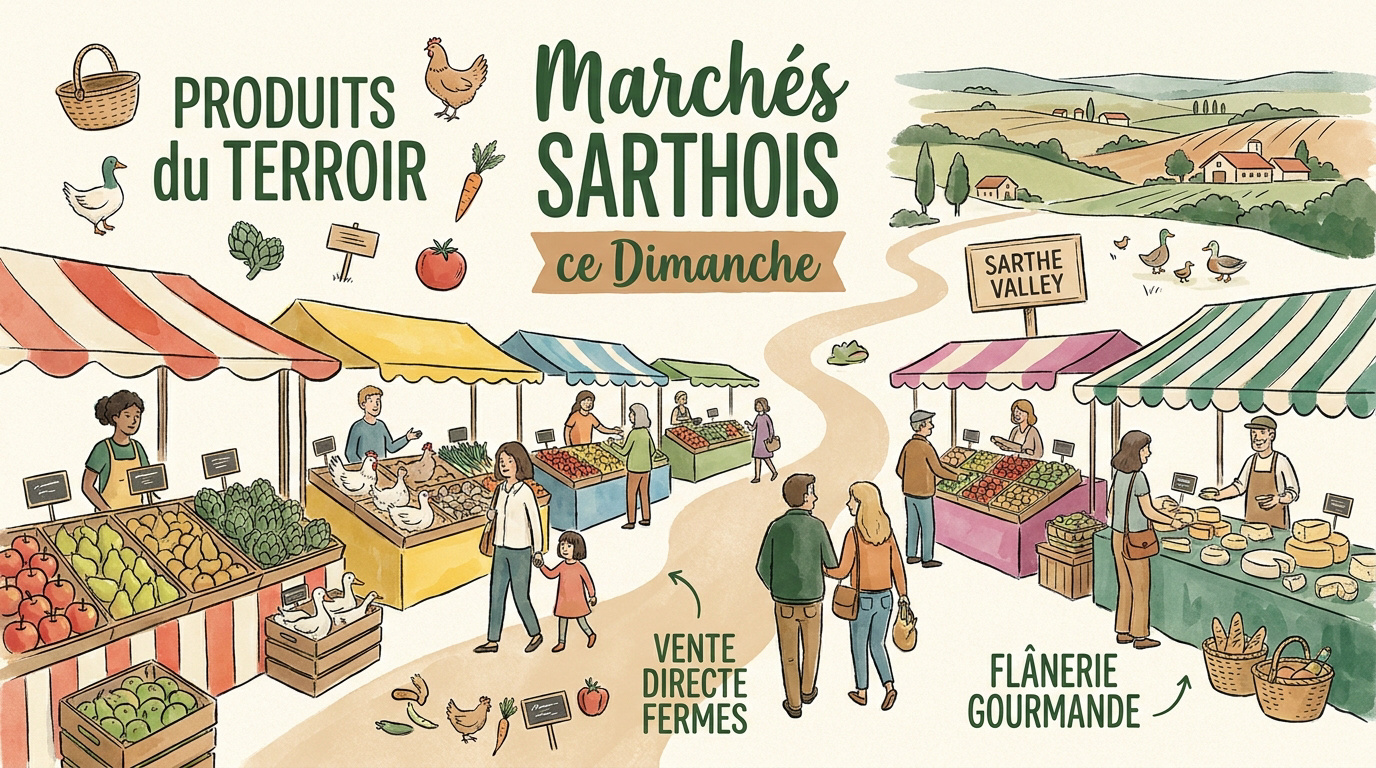 Étal de produits du terroir sarthois sur un marché dominical