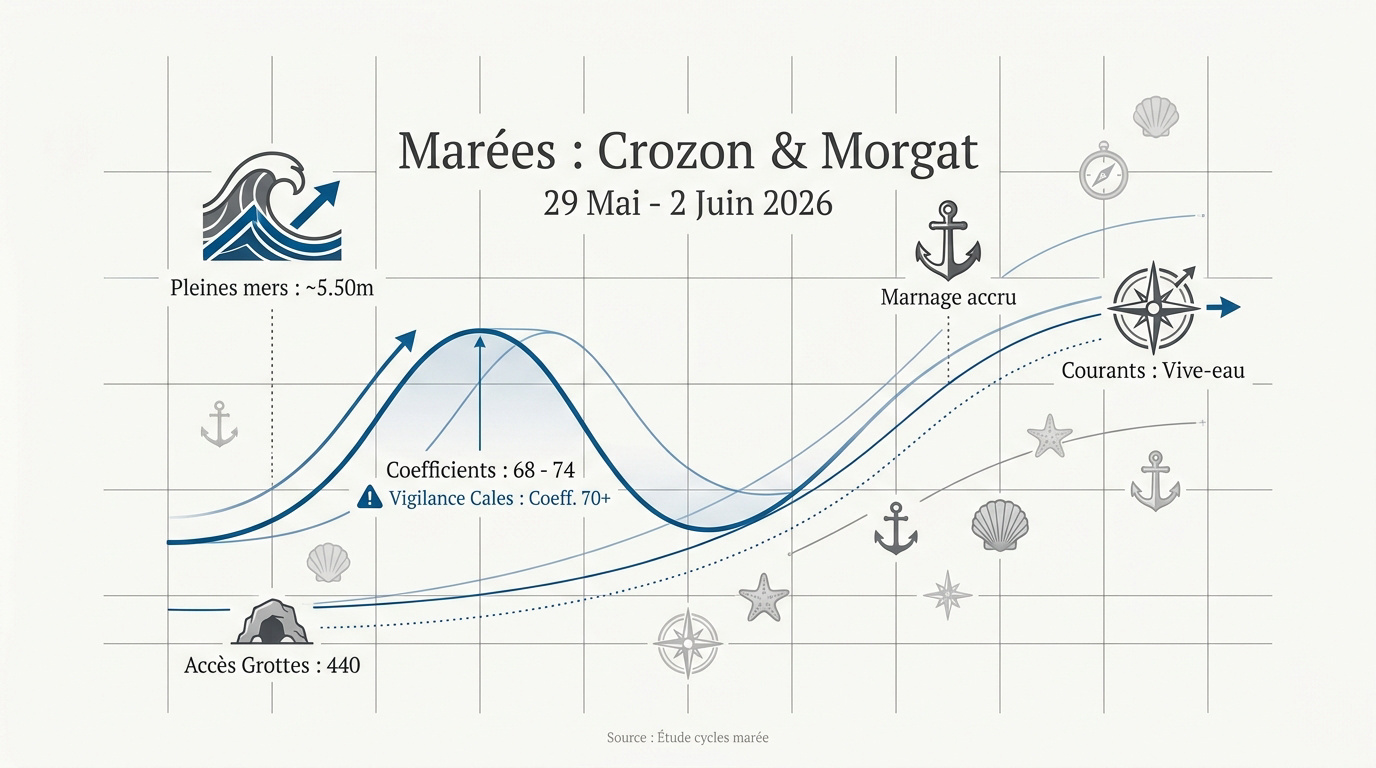 Horaires des marées à Morgat en presqu'île de Crozon pour mai et juin 2026