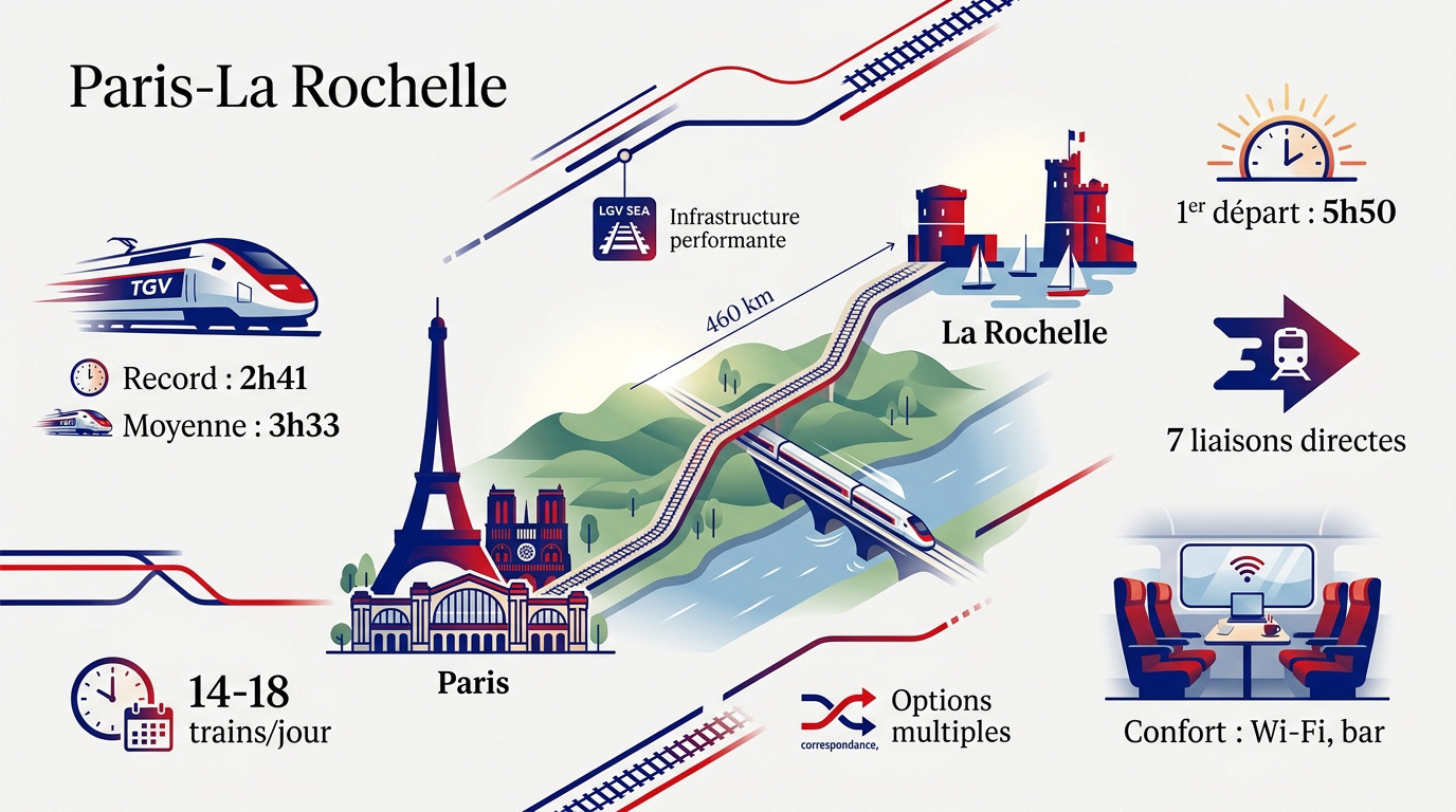 Infographie des chiffres clés du trajet en train entre Paris et La Rochelle
