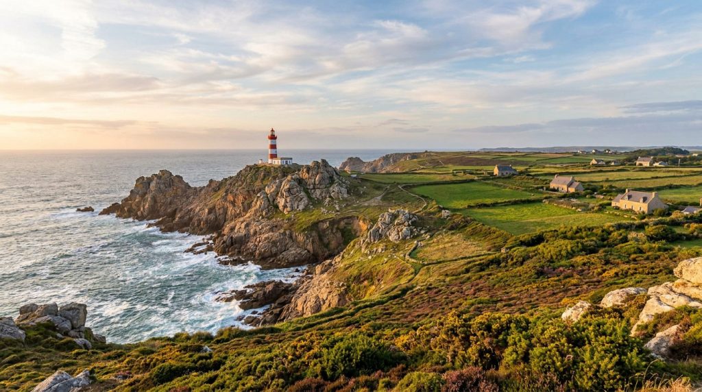 Phare rouge et blanc sur une pointe rocheuse en Bretagne. Océan agité, falaises, champs verdoyants et maisons sous ciel lumineux.