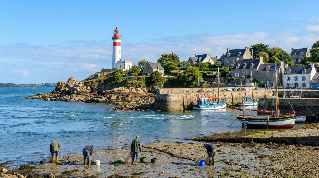 Pêcheurs à pied sur l'estran devant le phare de Port-Navalo et le port avec des bateaux sous un ciel bleu.