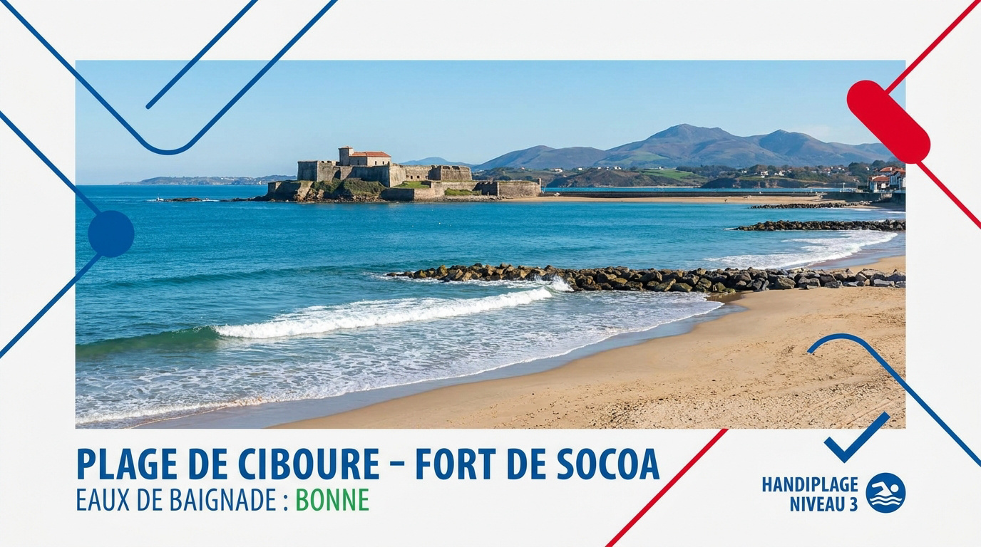 Plage de Socoa à Ciboure avec vue sur le fort et les montagnes