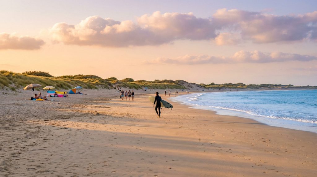 Un surfeur marchant sur une plage de sable fin au coucher du soleil, avec des dunes et des vacanciers en arrière-plan.