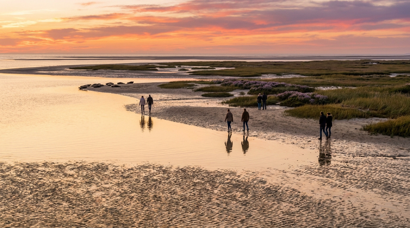 Des personnes marchent sur le sable humide de la baie de Somme au coucher du soleil avec des phoques au loin.
