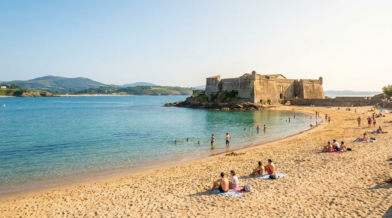 Plage de sable fin avec des baigneurs devant le fort historique de Socoa sous un ciel ensoleillé.
