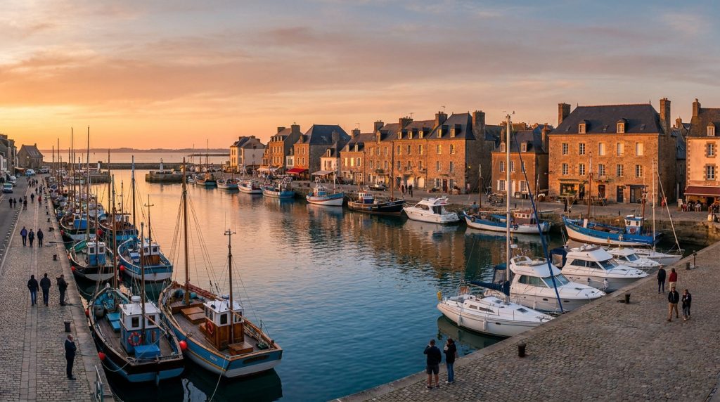 Vue panoramique du port du Croisic au coucher du soleil avec des bateaux de pêche et de plaisance à quai.