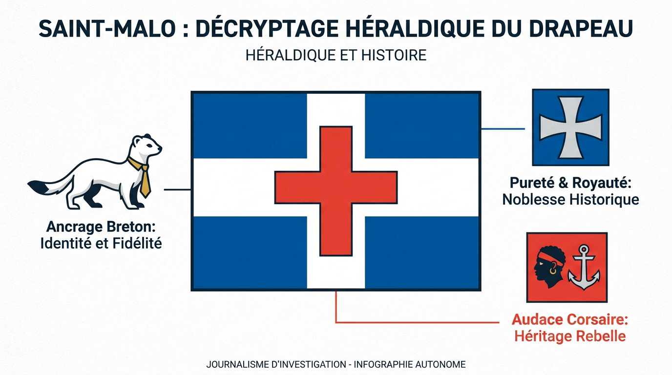 Analyse héraldique détaillée du drapeau de Saint-Malo avec son hermine et sa croix d'argent