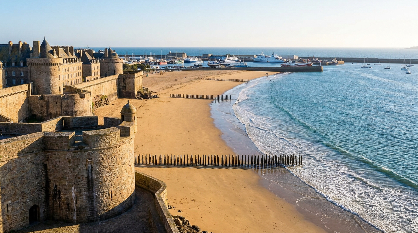 Remparts historiques de Saint-Malo surplombant une plage de sable fin et le port sous un ciel ensoleillé.