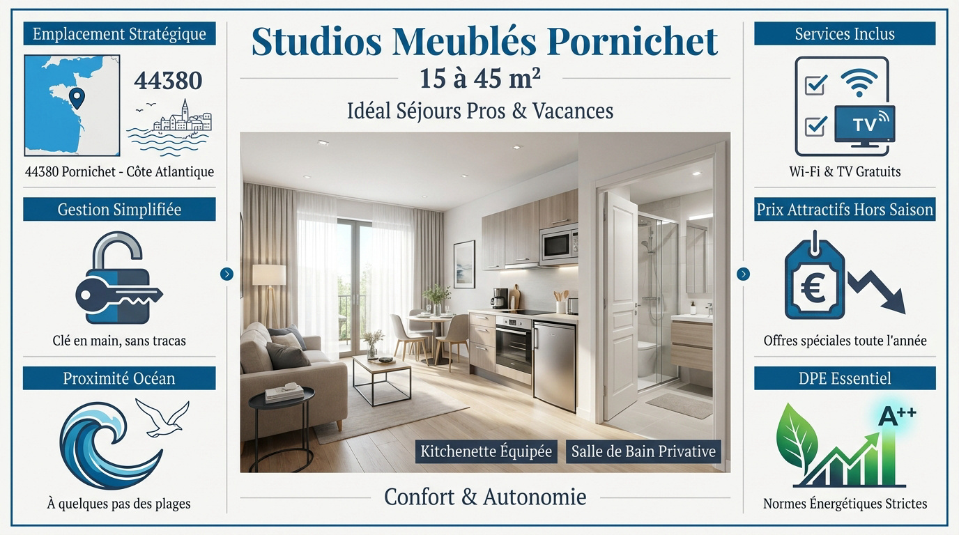 Studio meublé moderne à Pornichet avec vue sur la côte