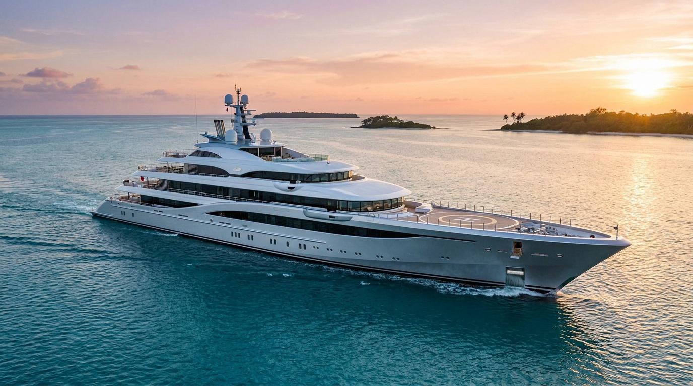 Un yacht de luxe imposant naviguant sur une mer calme au coucher du soleil avec une île tropicale à l'horizon.