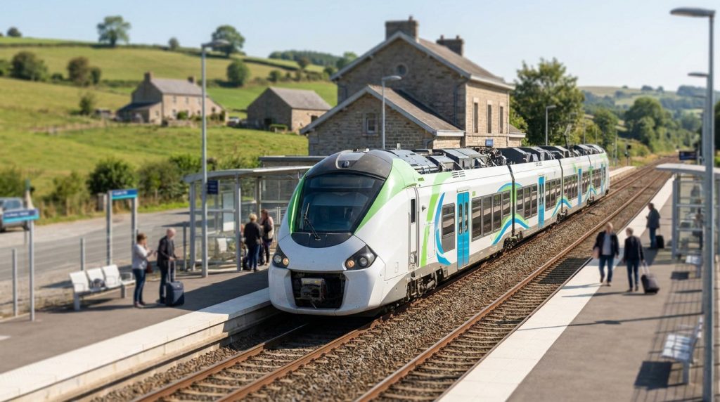 Un train régional moderne blanc, vert et bleu est arrêté en gare. Des passagers attendent sur le quai d'une petite station rurale.