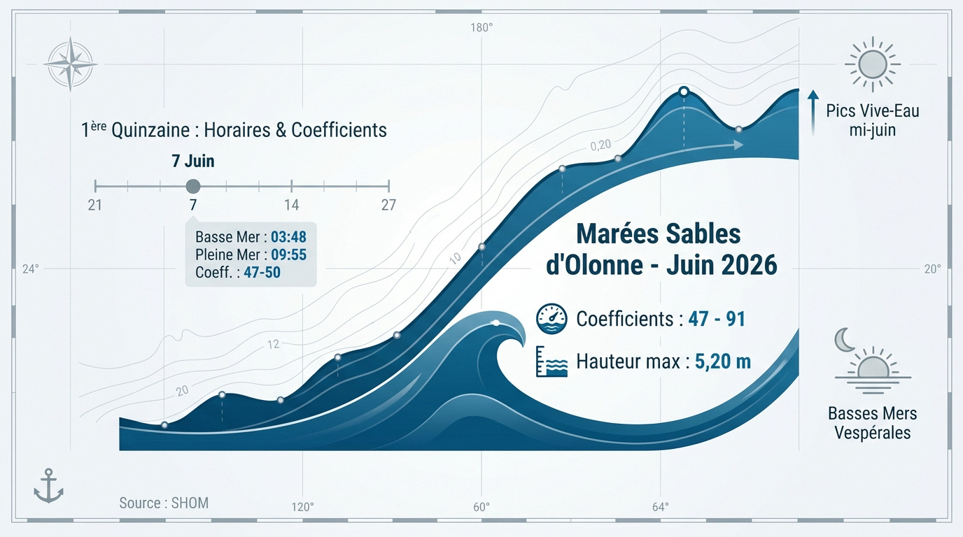 Marée aux Sables d&rsquo;Olonne : horaires et coefficients juin 2026