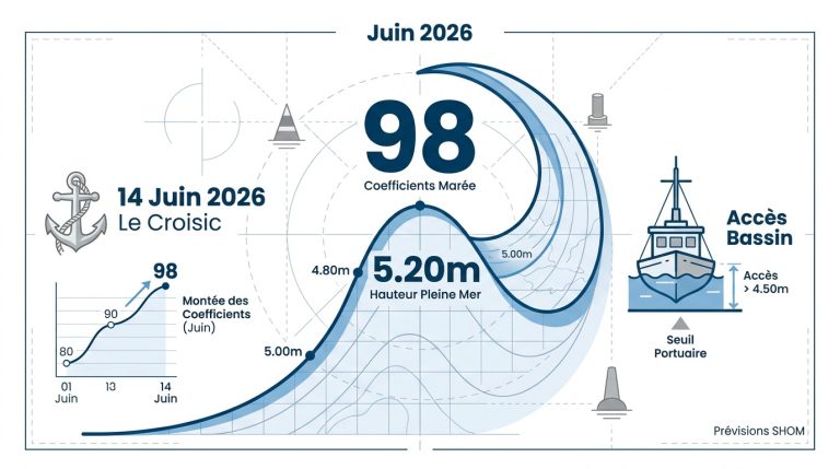 Horaires et coefficients de marée au Croisic en juin 2026