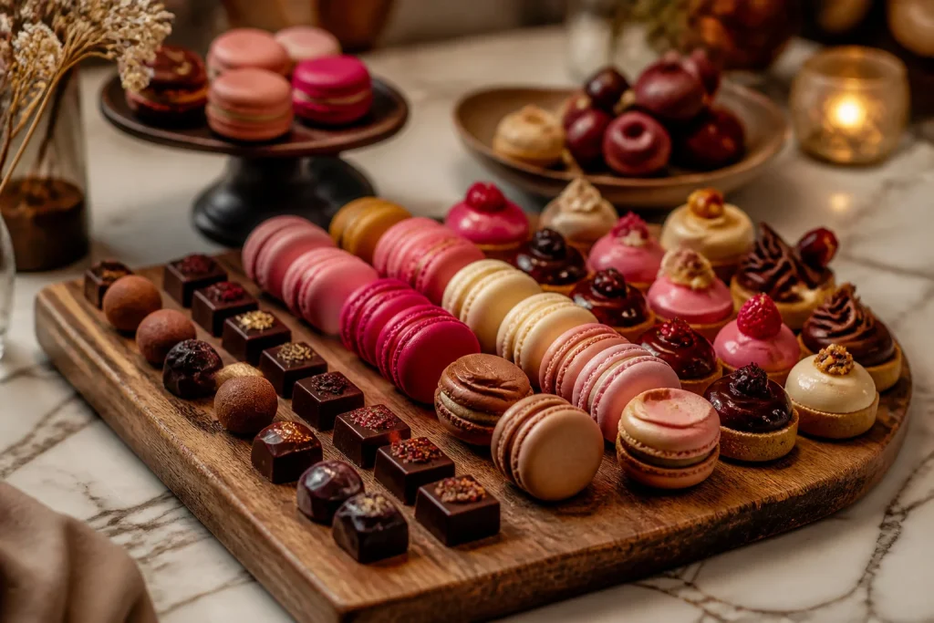 Assortiment gourmand de chocolats et macarons