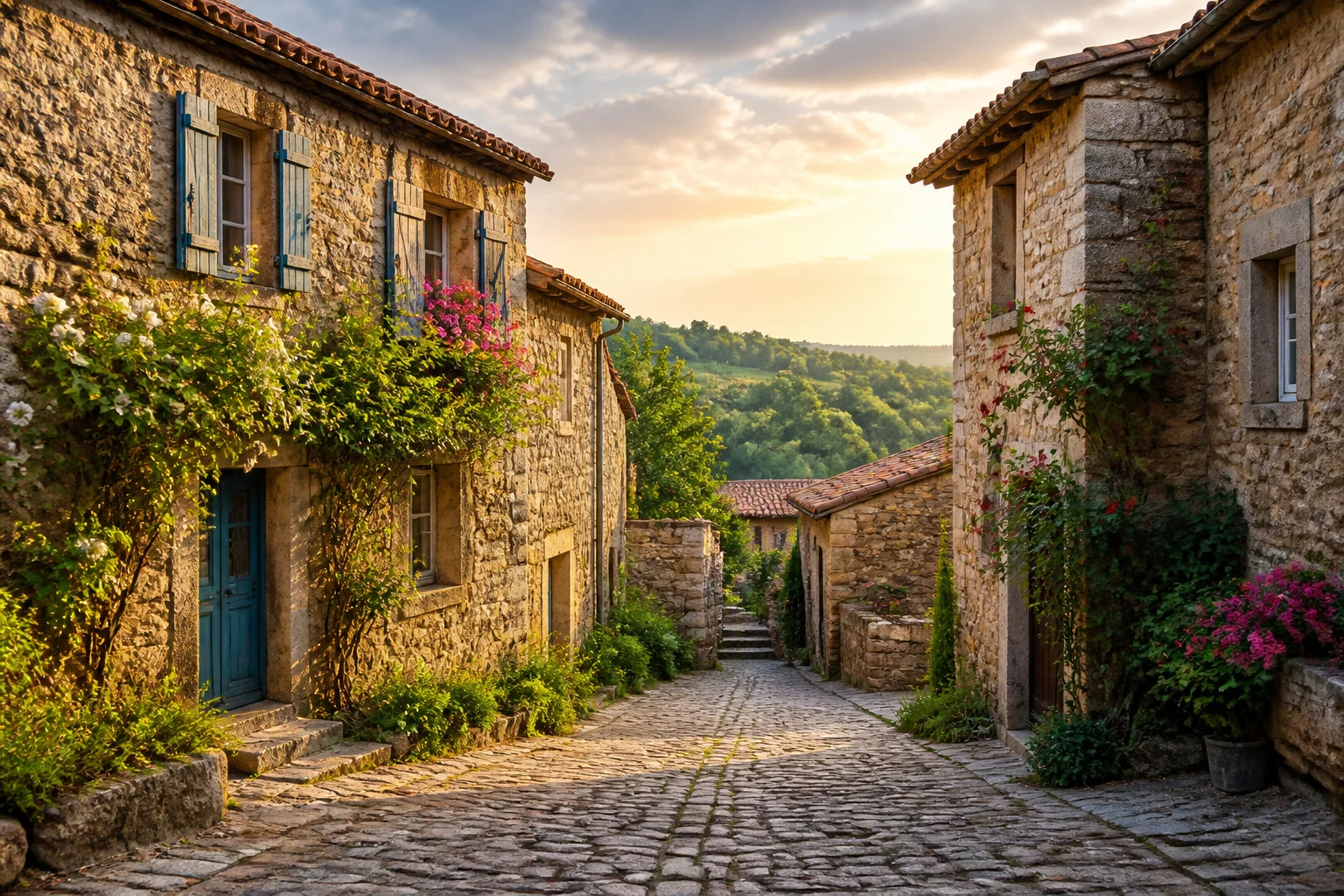 Village historique de vendee au coucher du soleil